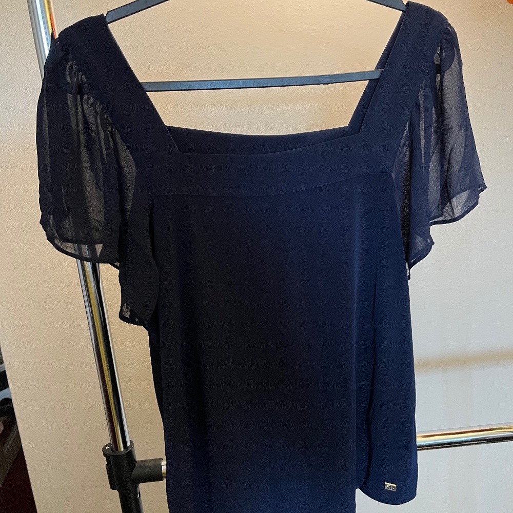 Calvin Klein square neckline flutter sleeve blouse navy blue